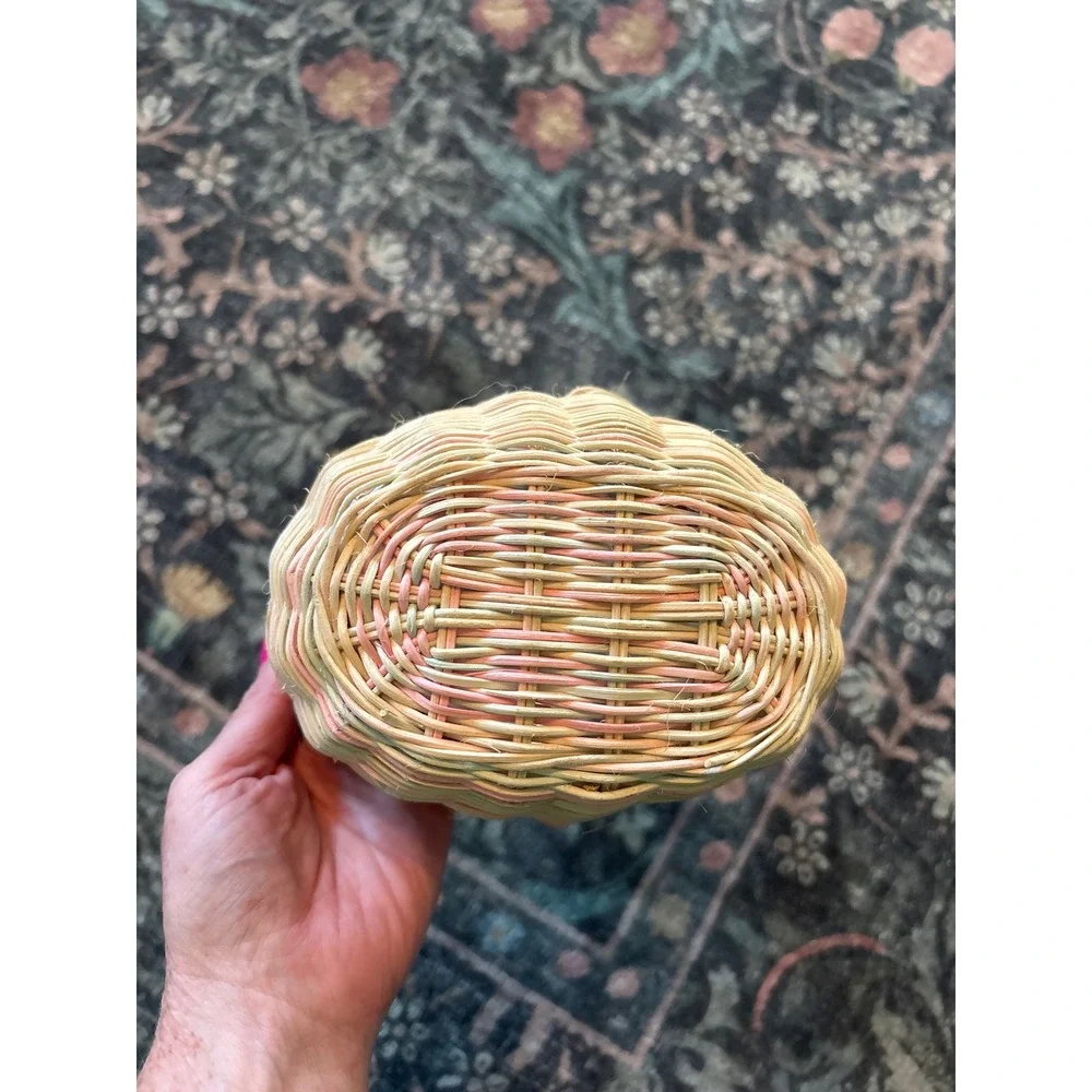 Vintage Wicker Bunny Easter Basket Pastel Pink Yellow Woven Rabbit Decor Handle
